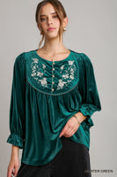 Umgee Velvet Embroidery Top in Hunter Green