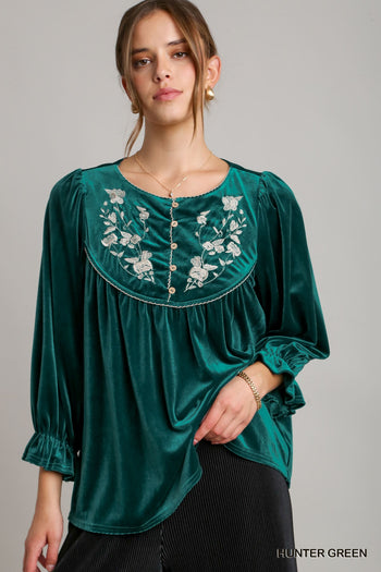Umgee Velvet Embroidery Top in Hunter Green