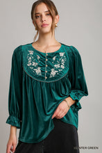 Load image into Gallery viewer, Umgee Velvet Embroidery Top in Hunter Green
