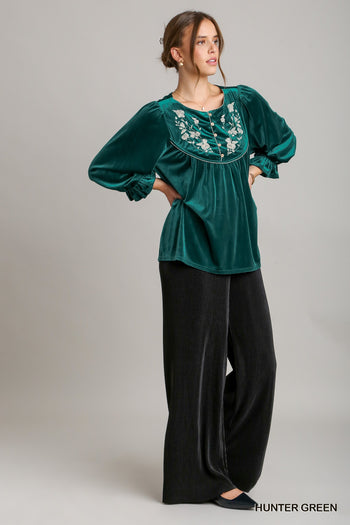 Umgee Velvet Embroidery Top in Hunter Green