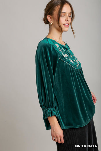 Umgee Velvet Embroidery Top in Hunter Green