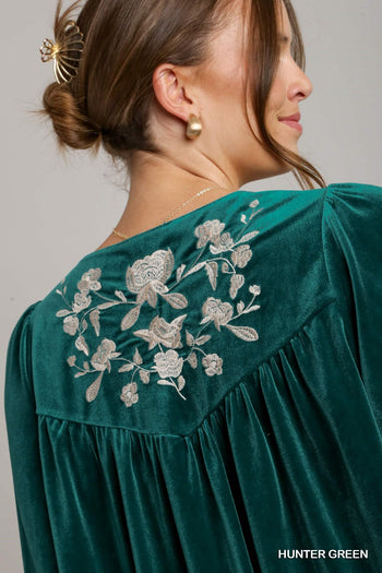 Umgee Velvet Embroidery Top in Hunter Green