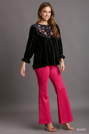 Umgee Velvet Embroidery Top in Black