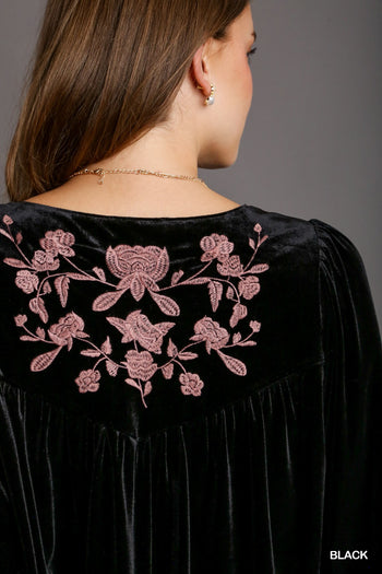 Umgee Velvet Embroidery Top in Black