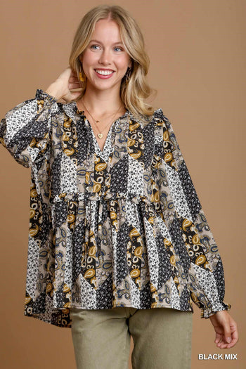 Umgee Mixed Print Ruffle Blouse in Black Mix