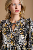 Umgee Mixed Print Ruffle Blouse in Black Mix