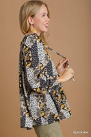 Umgee Mixed Print Ruffle Blouse in Black Mix