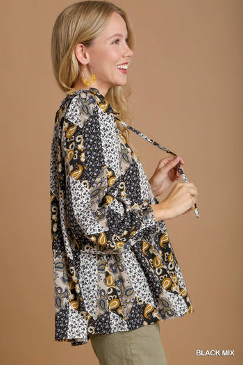 Umgee Mixed Print Ruffle Blouse in Black Mix
