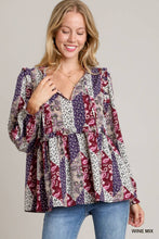 Load image into Gallery viewer, Umgee Mixed Print Ruffle Blouse in Wine Mix
