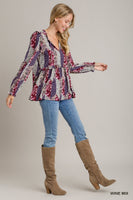 Umgee Mixed Print Ruffle Blouse in Wine Mix