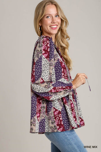 Umgee Mixed Print Ruffle Blouse in Wine Mix