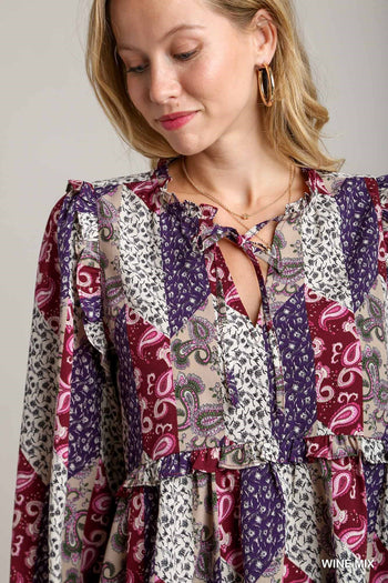 Umgee Mixed Print Ruffle Blouse in Wine Mix