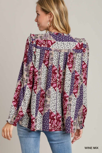 Umgee Mixed Print Ruffle Blouse in Wine Mix