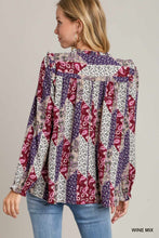 Load image into Gallery viewer, Umgee Mixed Print Ruffle Blouse in Wine Mix
