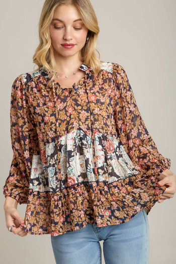 Umgee A-Line Mixed Floral Print Top in Navy
