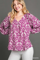 Umgee Abstract Two Tone Printed V-Neck Top in Magenta