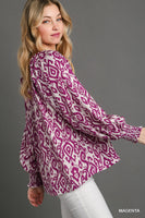Umgee Abstract Two Tone Printed V-Neck Top in Magenta