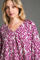 Umgee Abstract Two Tone Printed V-Neck Top in Magenta