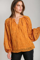Umgee Metallic Floral Jacquard Long Sleeve Lace Top in Amber