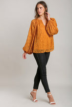 Load image into Gallery viewer, Umgee Metallic Floral Jacquard Long Sleeve Lace Top in Amber
