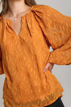 Load image into Gallery viewer, Umgee Metallic Floral Jacquard Long Sleeve Lace Top in Amber
