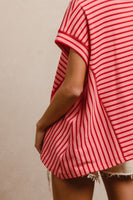 BiBi Textured Waffle Knit Striped Pattern Top in Pink/Red