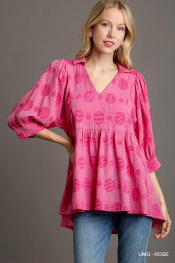 Umgee V-Neck Swiss Dot Babydoll Top in Rose