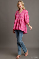 Umgee V-Neck Swiss Dot Babydoll Top in Rose