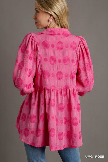 Umgee V-Neck Swiss Dot Babydoll Top in Rose