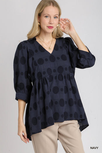 Umgee V-Neck Swiss Dot Babydoll Top in Navy