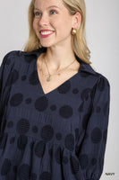 Umgee V-Neck Swiss Dot Babydoll Top in Navy