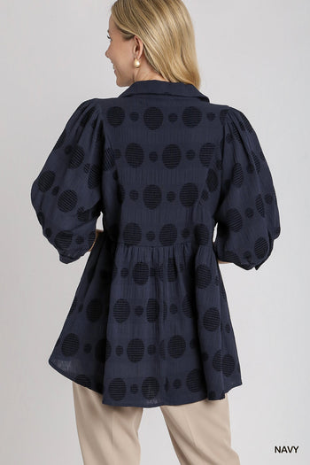 Umgee V-Neck Swiss Dot Babydoll Top in Navy