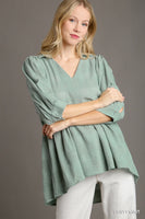 Umgee V-Neck Swiss Dot Babydoll Top in Dusty Mint