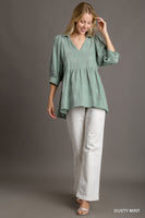 Umgee V-Neck Swiss Dot Babydoll Top in Dusty Mint