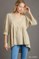 Umgee V-Neck Swiss Dot Babydoll Top in Oatmeal