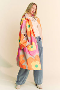 Davi & Dani Bold Retro Floral Print Jacket in Pink Orange