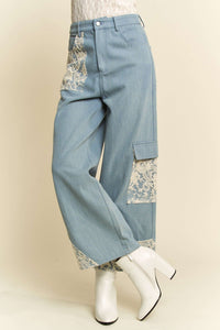 Davi & Dani Denim Pants with Lace Appliques in Light Denim Blue