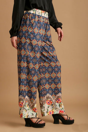 Umgee Wide Fit Mixed Print Bottoms with Elastic Waistband & Side Pockets in Teal Mix