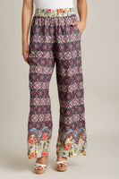 Umgee Wide Fit Mixed Print Bottoms with Elastic Waistband & Side Pockets in Maroon Mix
