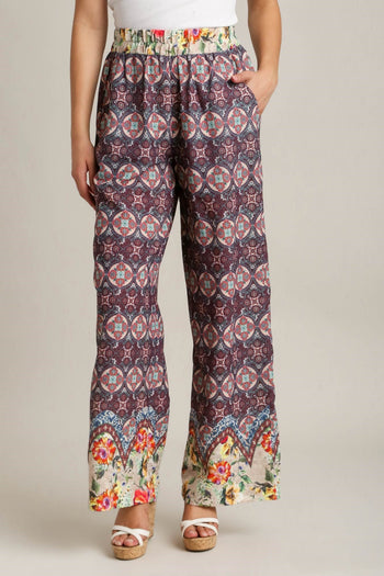 Umgee Wide Fit Mixed Print Bottoms with Elastic Waistband & Side Pockets in Maroon Mix
