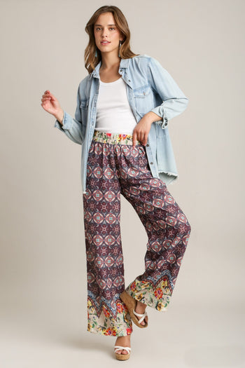 Umgee Wide Fit Mixed Print Bottoms with Elastic Waistband & Side Pockets in Maroon Mix