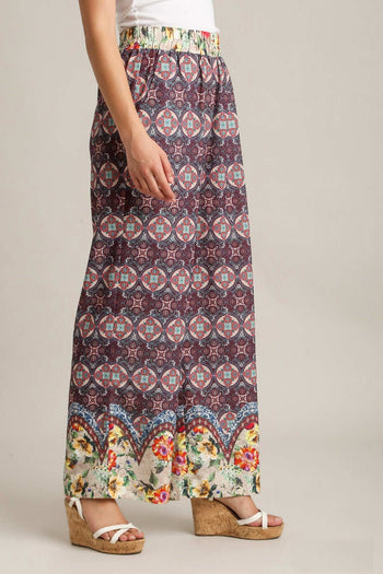 Umgee Wide Fit Mixed Print Bottoms with Elastic Waistband & Side Pockets in Maroon Mix