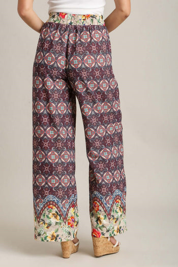 Umgee Wide Fit Mixed Print Bottoms with Elastic Waistband & Side Pockets in Maroon Mix