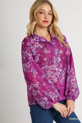 Umgee Mandarin Collar Sheer Floral Print Button Up Boxy Cut Top in Purple