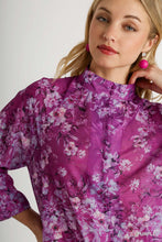 Load image into Gallery viewer, Umgee Mandarin Collar Sheer Floral Print Button Up Boxy Cut Top in Purple
