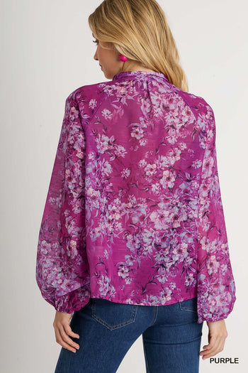 Umgee Mandarin Collar Sheer Floral Print Button Up Boxy Cut Top in Purple