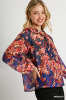 Umgee Mandarin Collar Sheer Floral Print Button Up Boxy Cut Top in Midnight