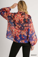 Umgee Mandarin Collar Sheer Floral Print Button Up Boxy Cut Top in Midnight