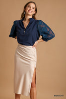 Umgee Boxy Cut Halter Ruffle V-Neck Top in Midnight