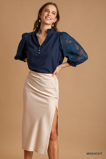 Umgee Boxy Cut Halter Ruffle V-Neck Top in Midnight